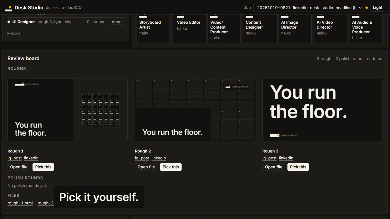 Clicking a rough on the review board, which then shows as picked by you